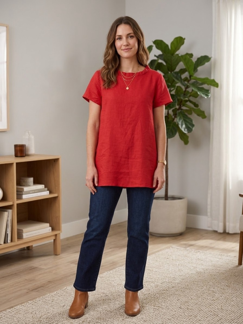 FLAX Womens Red Linen Ruffle Neck Short Sleeve Tunic Blouse Top Size S